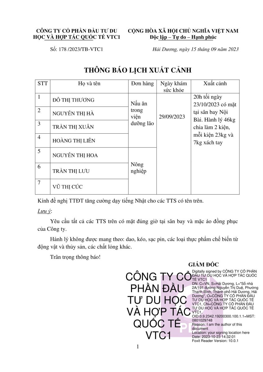 XKLĐ Nhật Bản VTC1 xin thông báo lịch xuất cảnh số 178 bay ngày 23 tháng 10 năm 2023