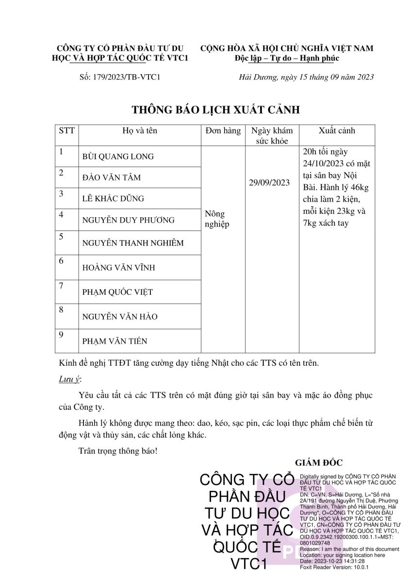 XKLĐ Nhật Bản VTC1 xin thông báo lịch xuất cảnh số 179 bay ngày 24 tháng 10 năm 2023