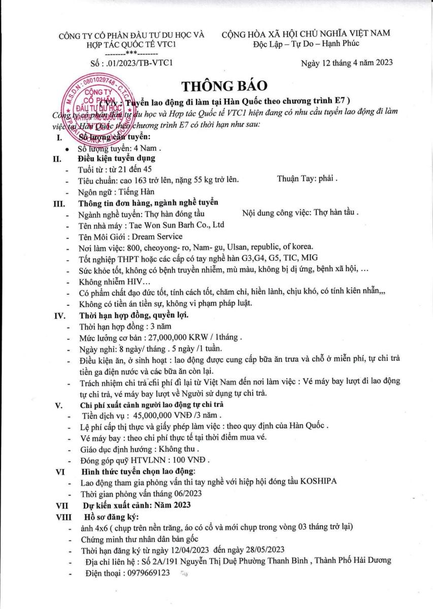 Tuyển dụng 4 nam đi lao động tại Hàn Quốc visa E7