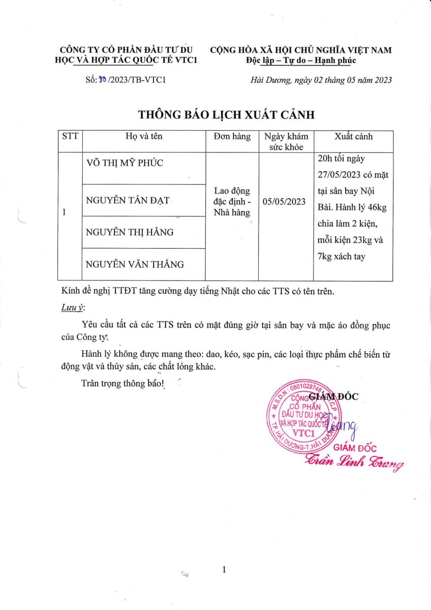 Thông báo xuất cảnh số 80 tháng 5 2023