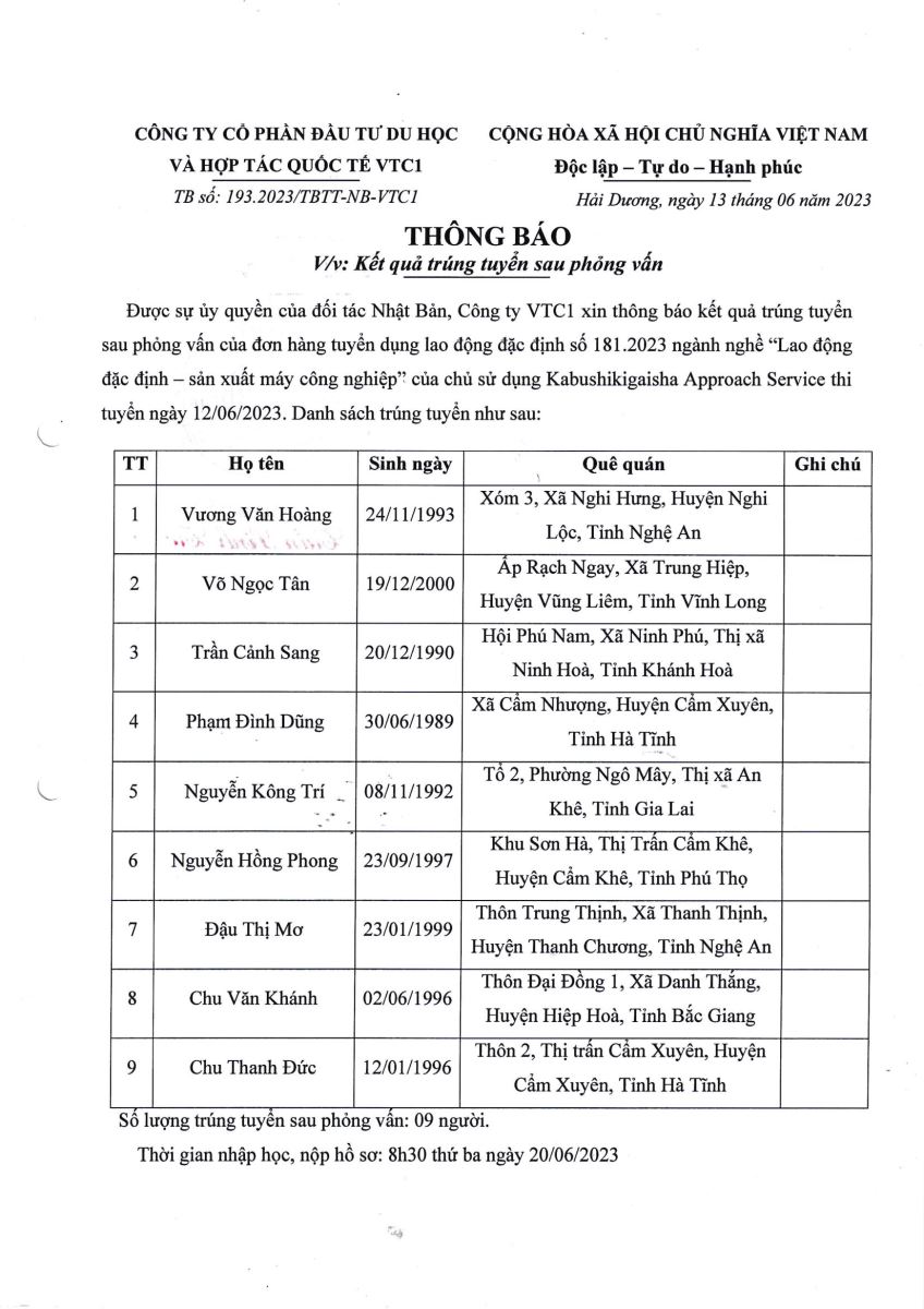 XKLĐ VTC1 Thông báo đỗ phỏng vấn đơn Tokutei Gino ngành gia công cơ khí No181.2023