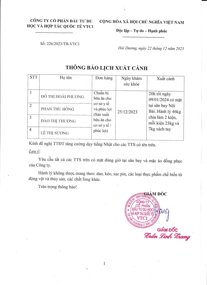 Thông báo lịch xuất cảnh số 223.2023 tháng 12 năm 2023