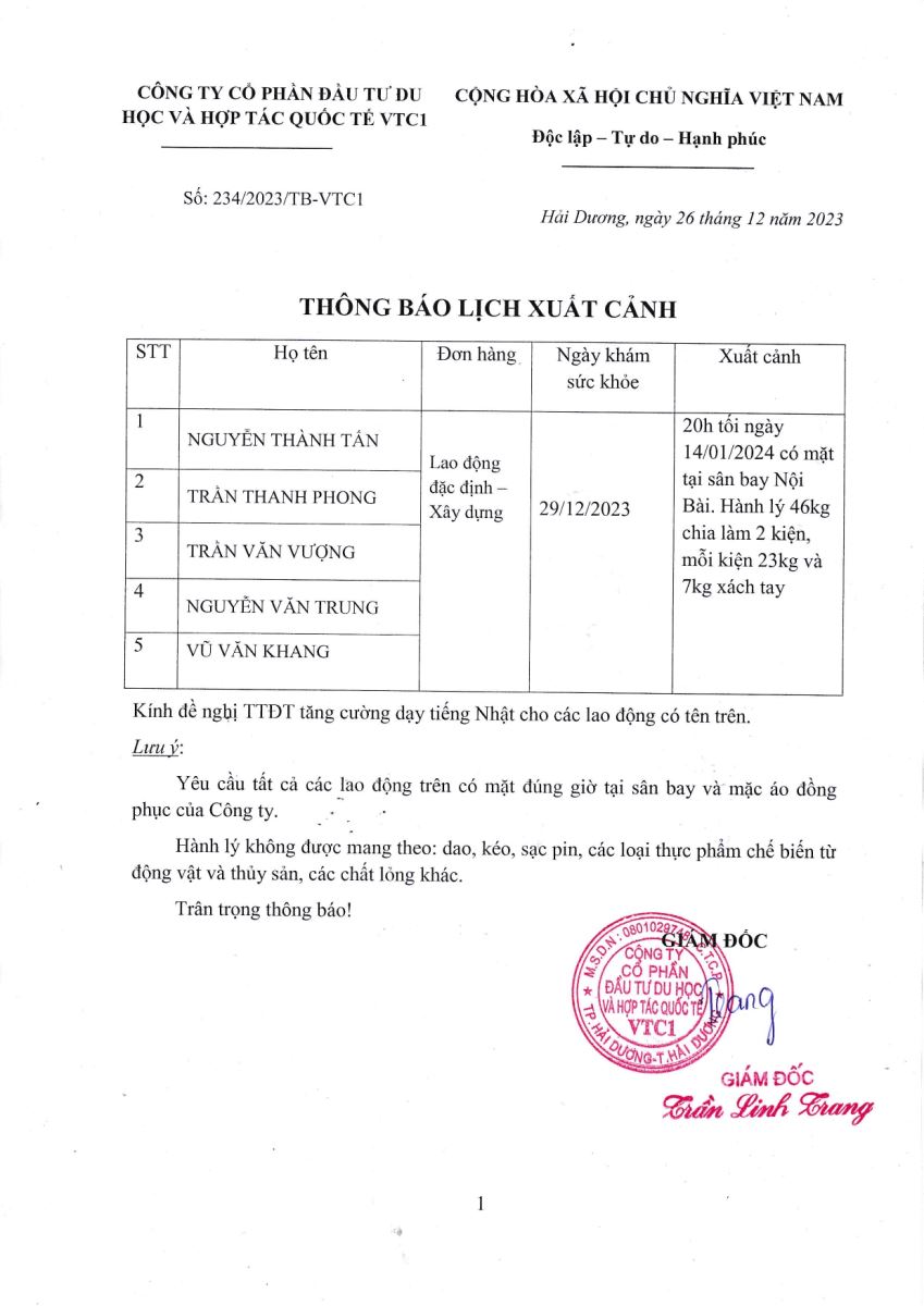 XKLĐ VTC1 thông báo lịch xuất cảnh số 234.2023 tháng 12 năm 2023.