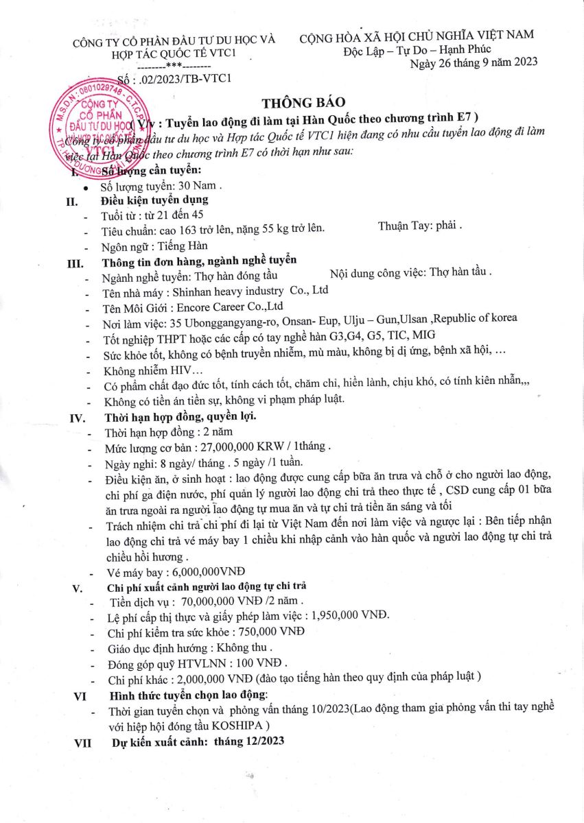 thông báo tuyển dụng xuất khẩu lao động hàn quốc diện E7 ngành đóng tàu