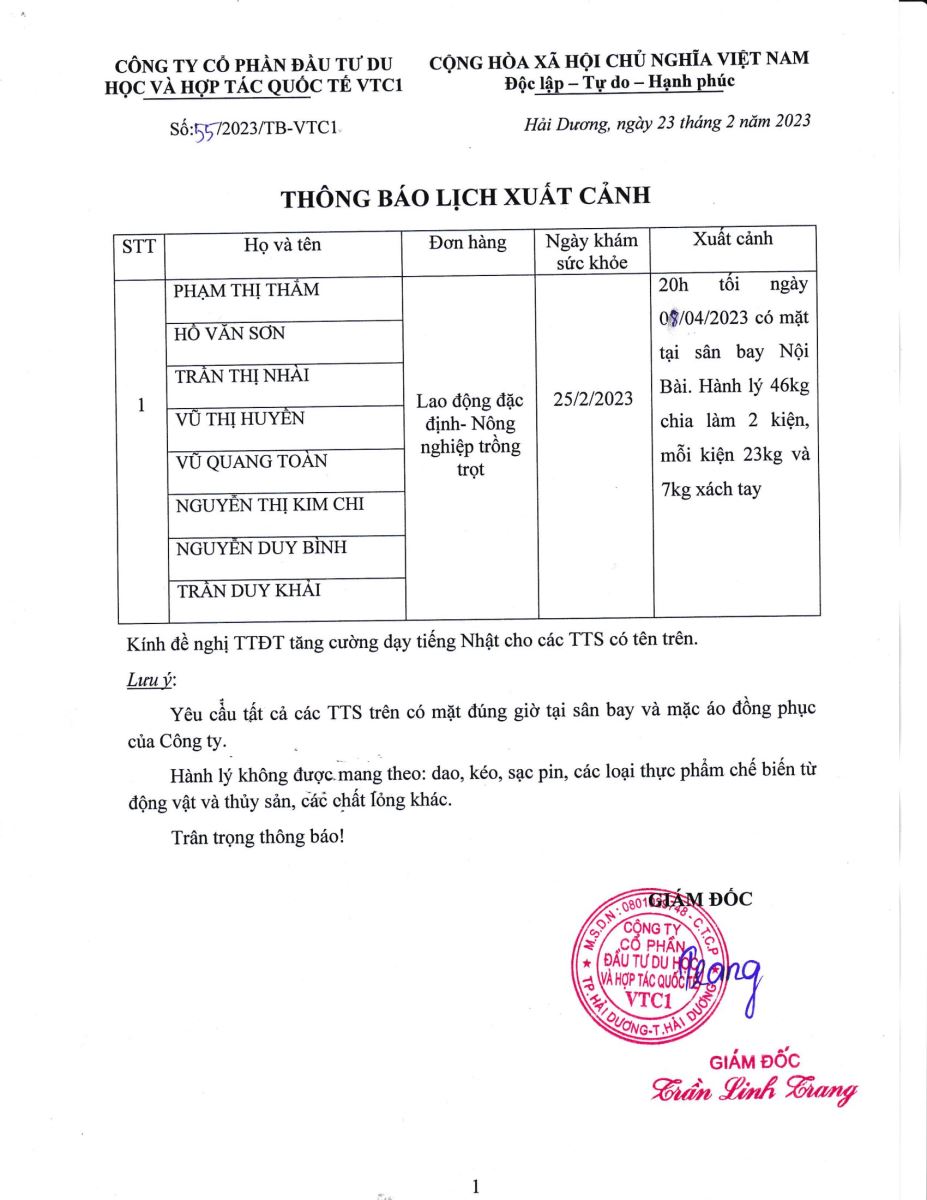 Thông báo lịch xuất cảnh số 55.2023 tháng 2 năm 2023
