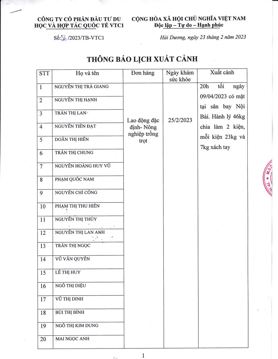 Thông báo lịch xuất cảnh số 56.2023 tháng 2 năm 2023