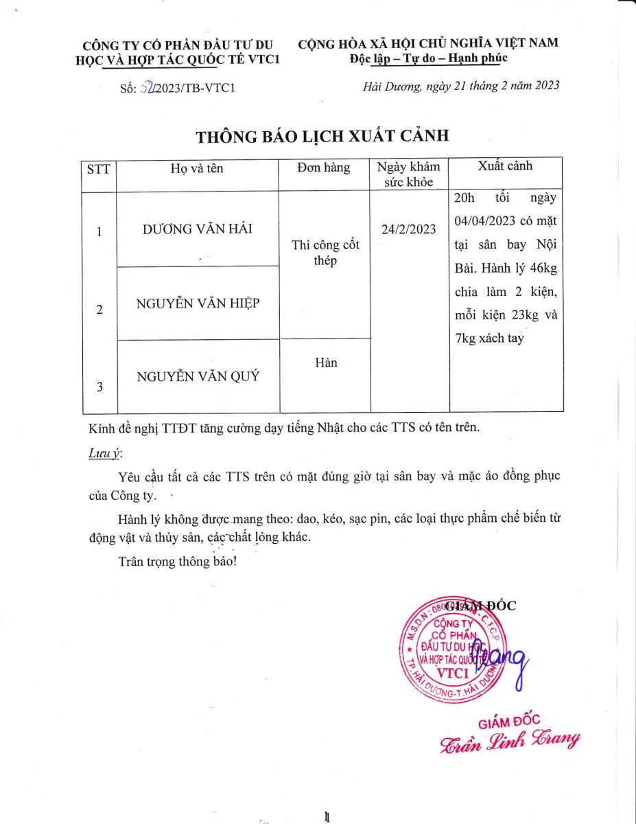 Thông báo lịch xuất cảnh số 52.2023 tháng 2 năm 2023