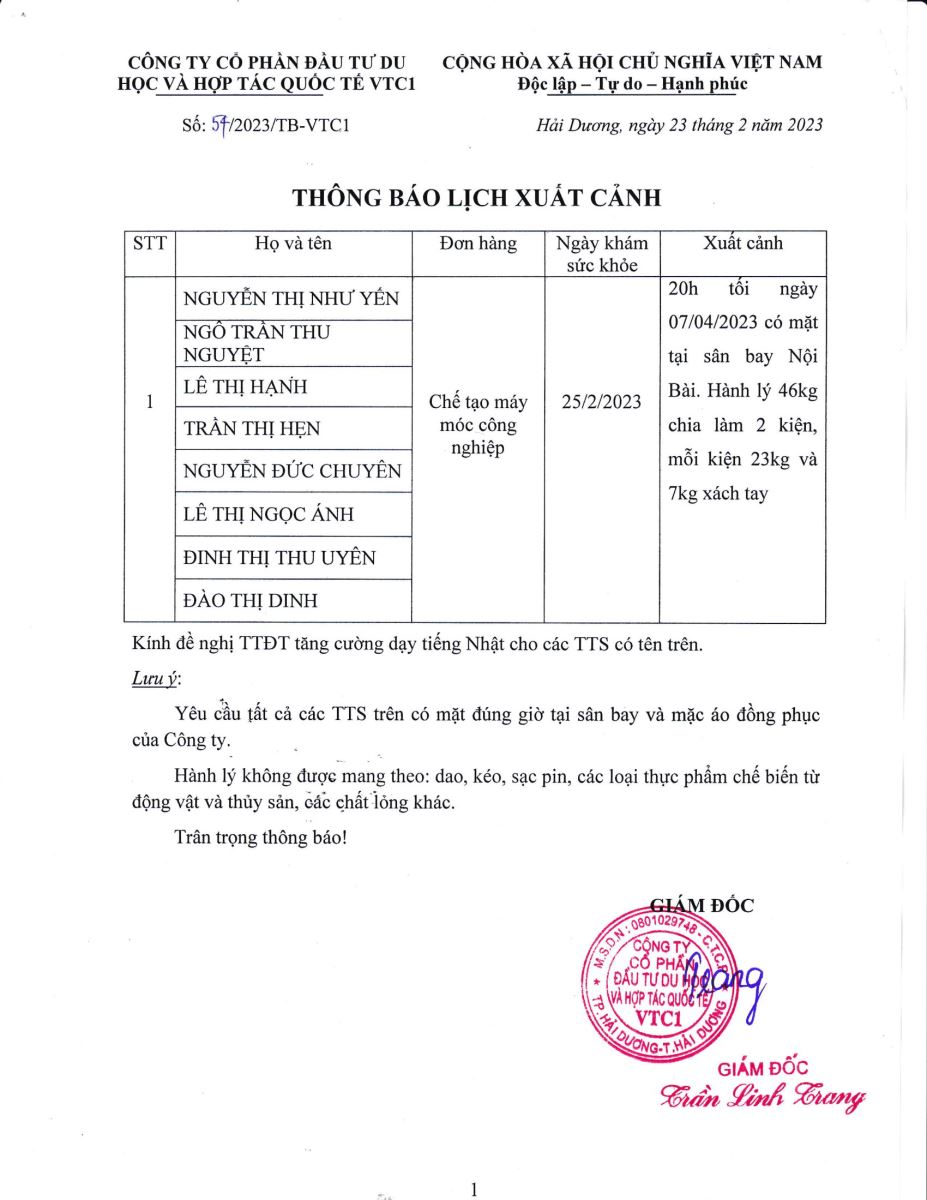 Thông báo lịch xuất cảnh số 54.2023 tháng 2 năm 2023