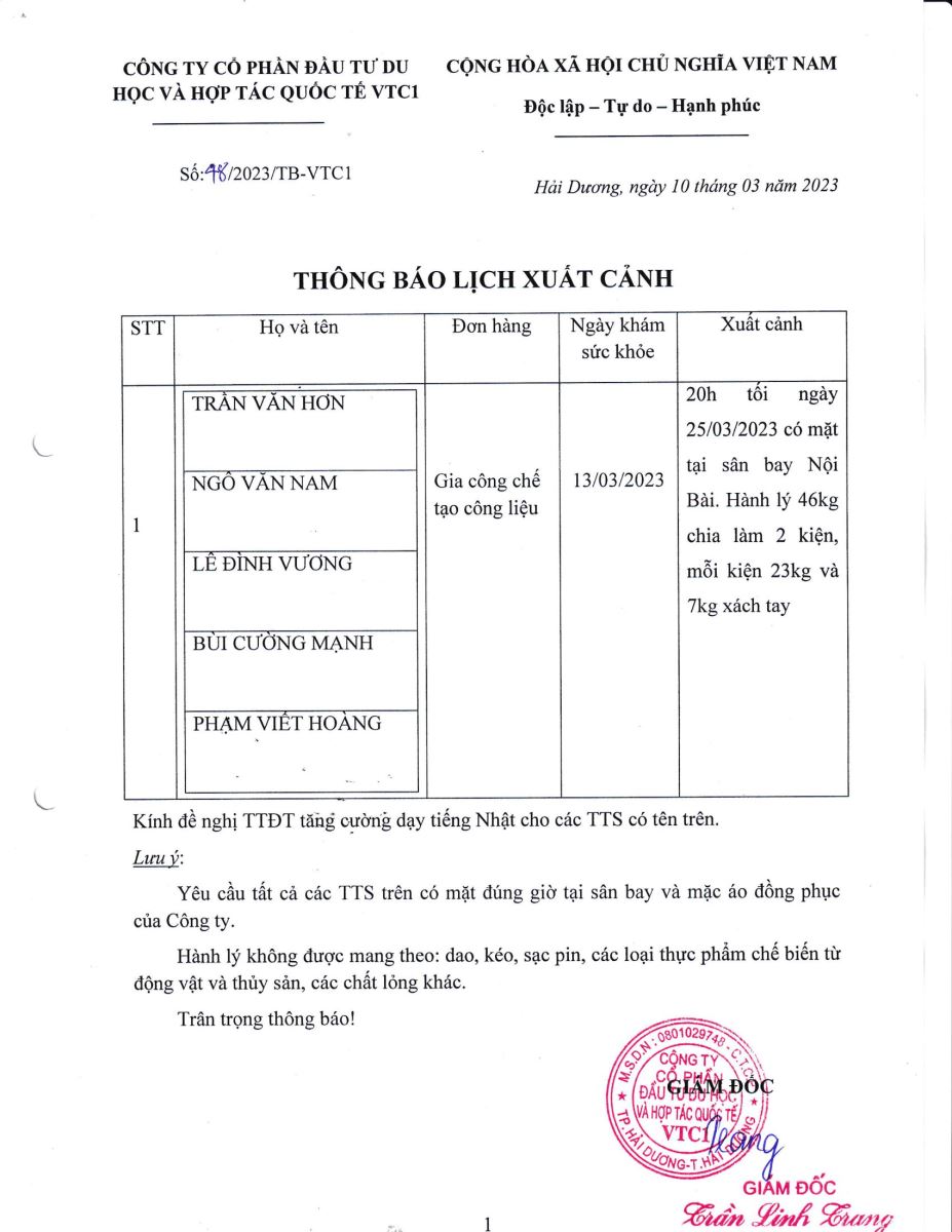 Thông báo lịch xuất cảnh số 48.2023 tháng 3 năm 2023