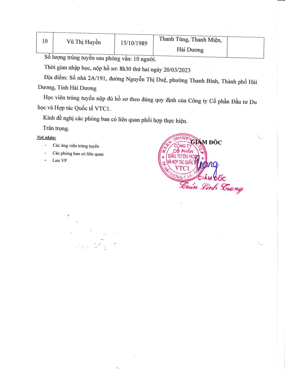 Thông báo kết quả trúng tuyển đơn hàng số 51.2023