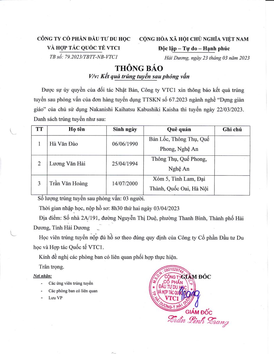 Thông báo số 79 về kết quả trúng tuyển số đơn hàng số 67.2023