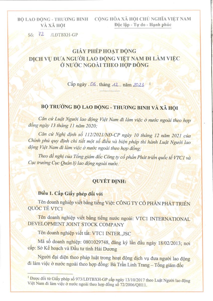 Giấy phép XKLĐ Công ty cổ phần phát triển quốc tế VTC1