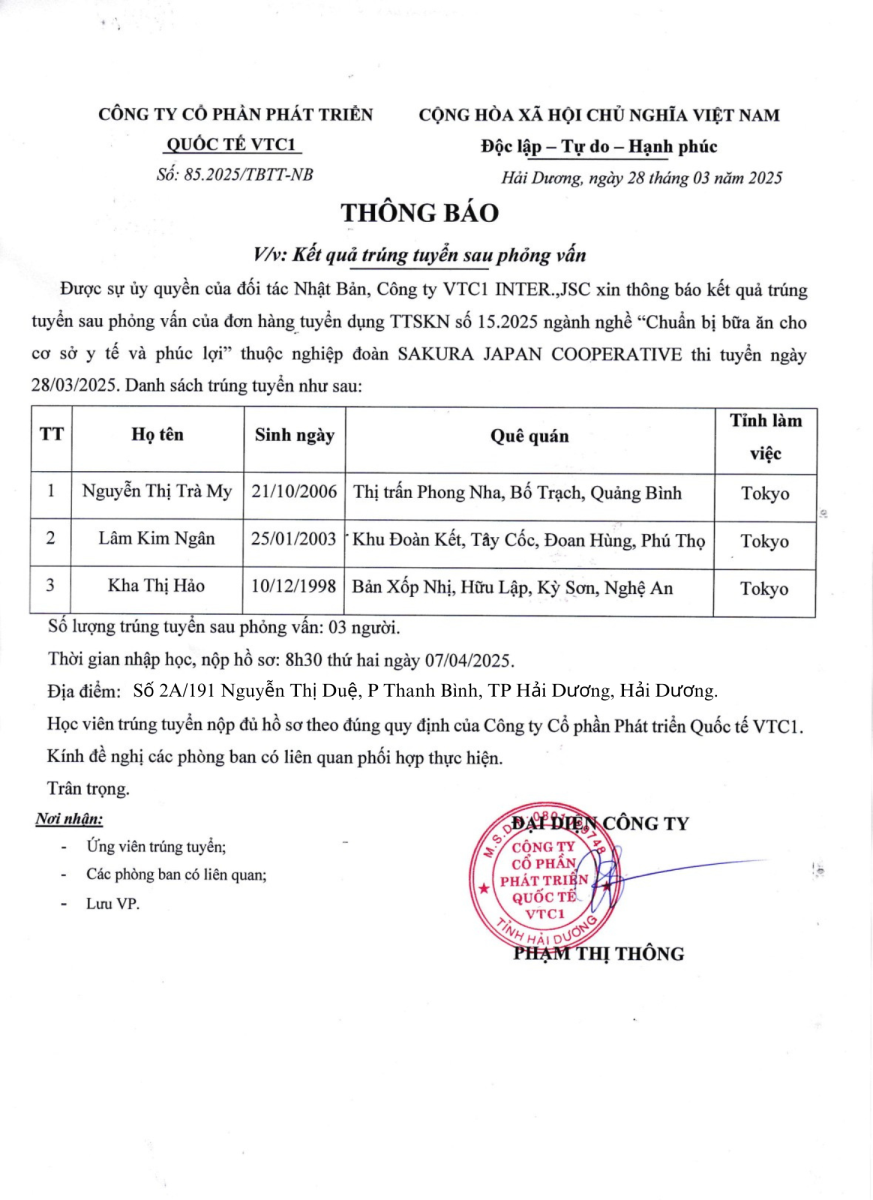 THÔNG BÁO KẾT QUẢ TRÚNG TUYỂN CÁC ĐƠN HÀNG NGÀNH CHẾ BIẾN THỰC PHẨM TẠI NHẬT BẢN THÁNG 03/2025
