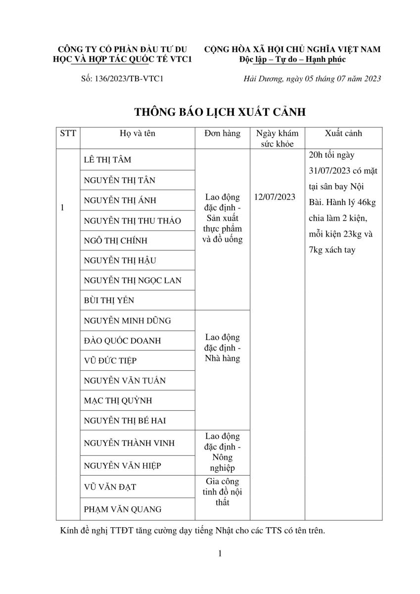 Thông báo lịch xuất cảnh số 136.2023 tháng 7 năm 2023