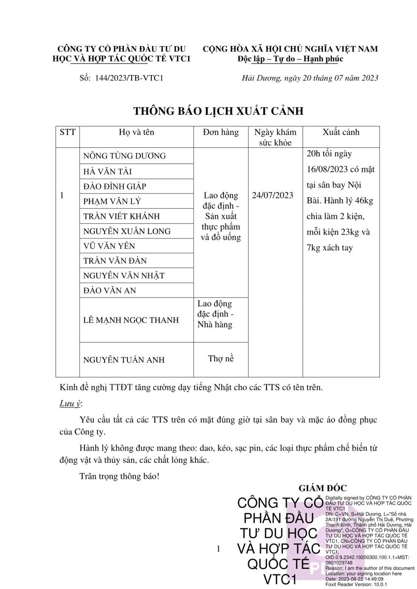 Thông báo lịch xuất cảnh số 144 tháng 7 năm 2023