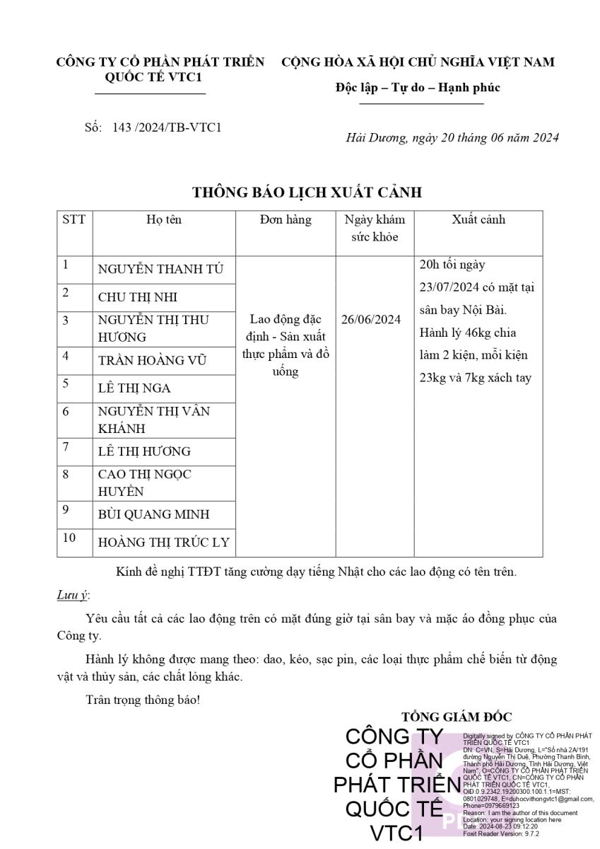 Thông báo lịch xuất cảnh số 143 bay ngày 20 tháng 06 năm 2024