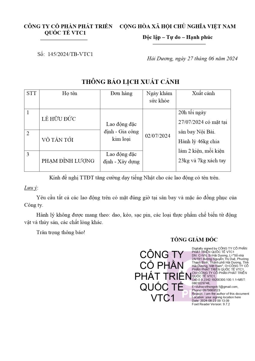 Thông báo lịch xuất cảnh số 145 bay ngày 27 tháng 06 năm 2024