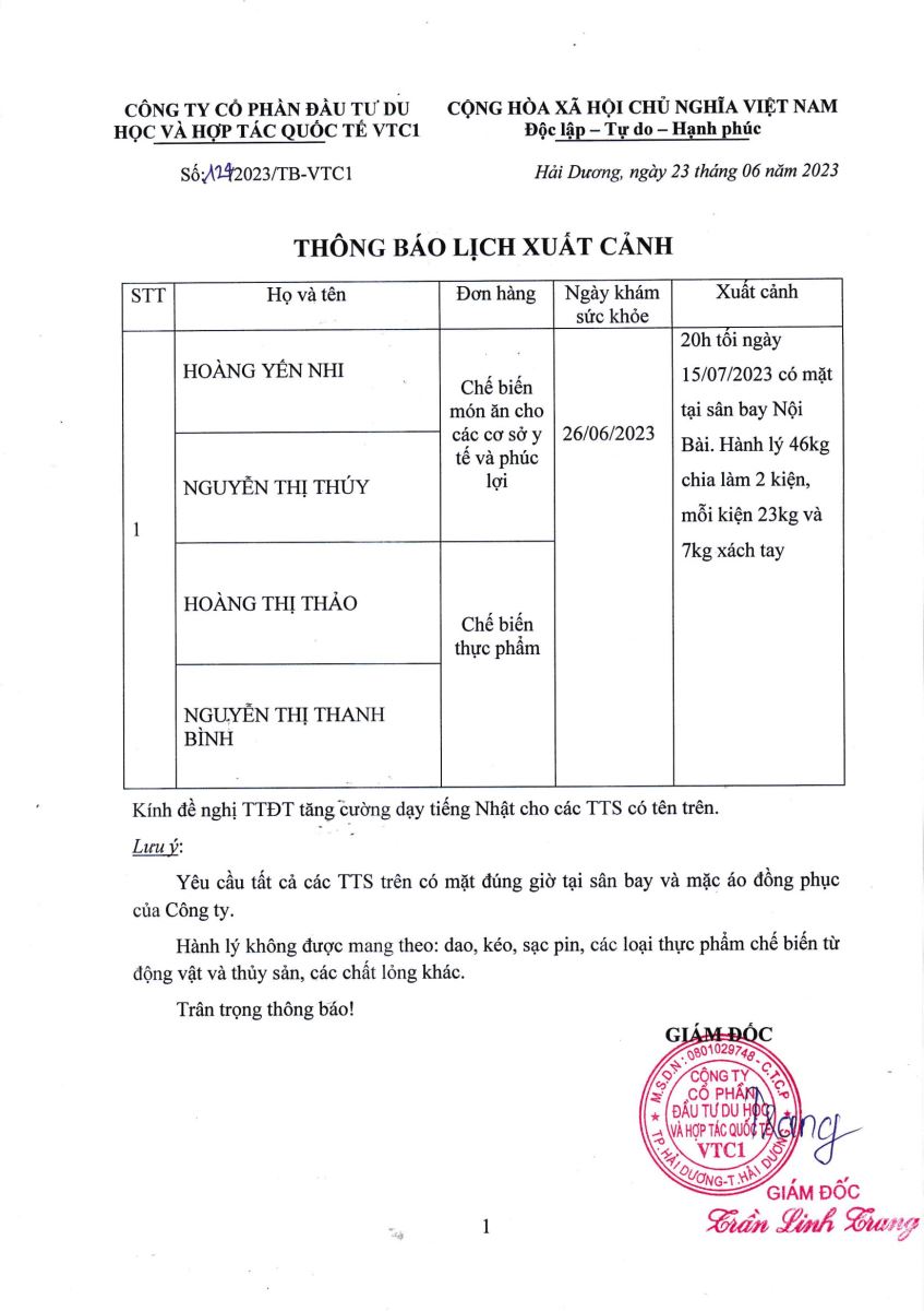 Thông báo lịch xuất cảnh số tháng 7 năm 2023