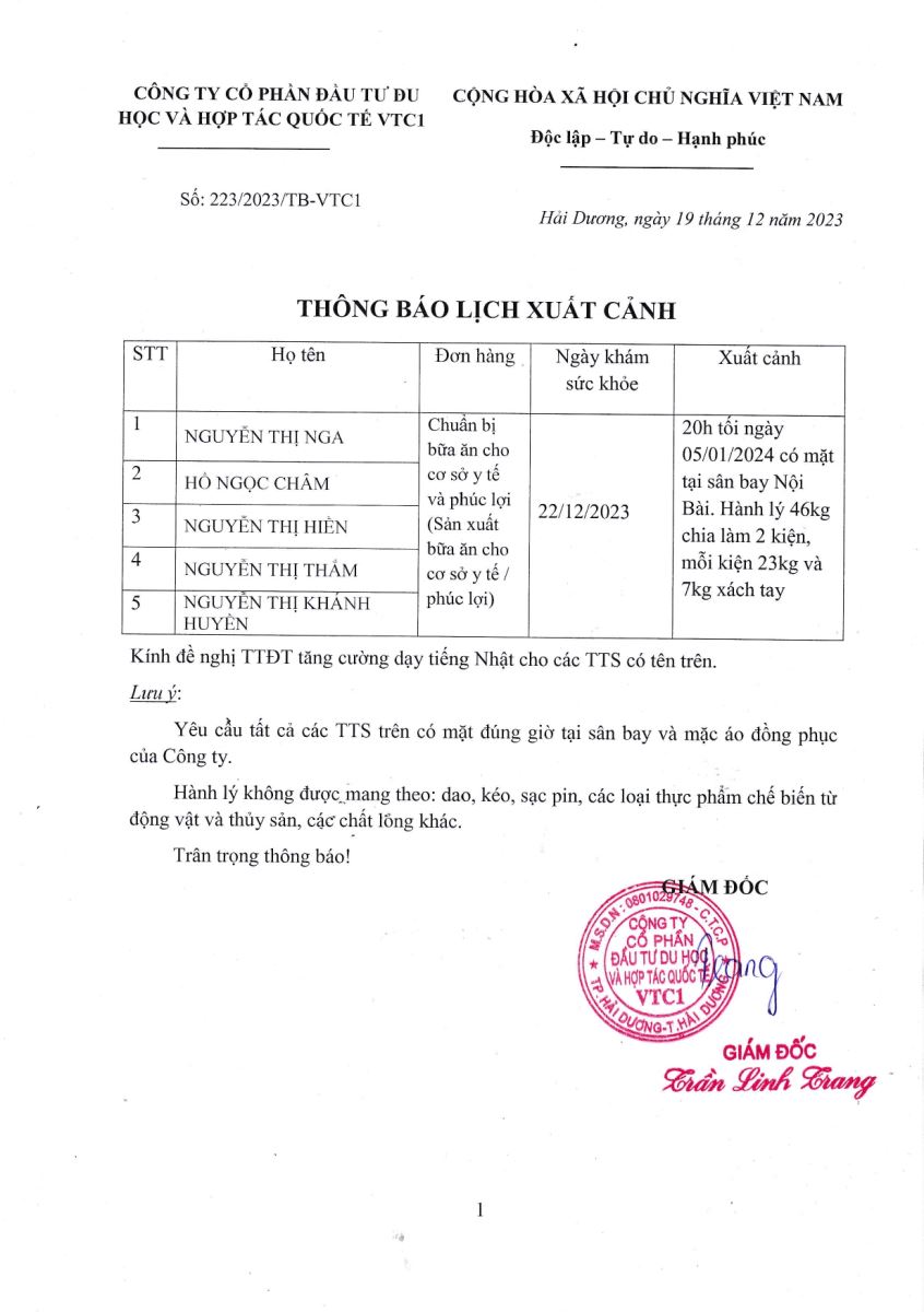 Thông báo lịch xuất cảnh số 223.2023 tháng 12 năm 2023