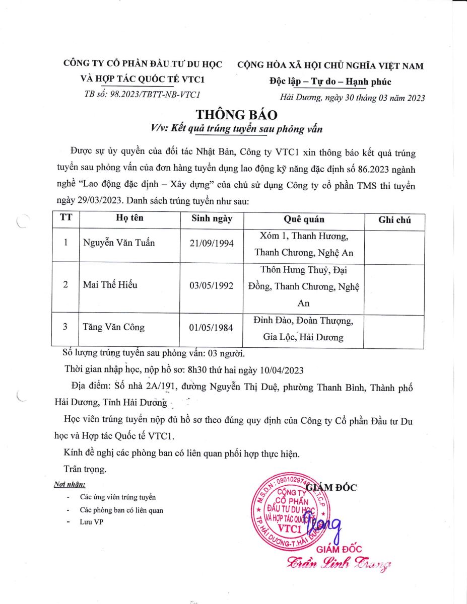 Thông báo kết quả trúng tuyển đơn hàng số 98.2023