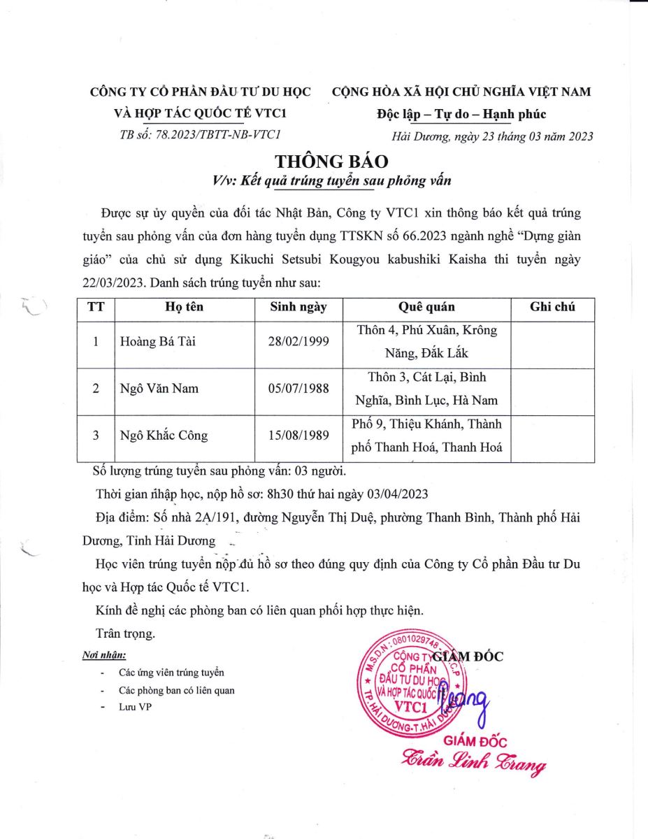Thông báo kết quả trúng tuyển đơn hàng số 78.2023