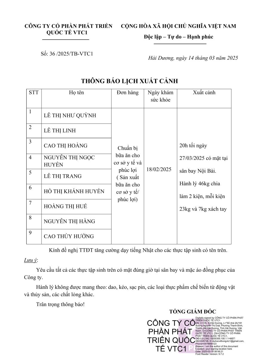 THÔNG BÁO LỊCH XUẤT CẢNH NGÀY 27/03/2025