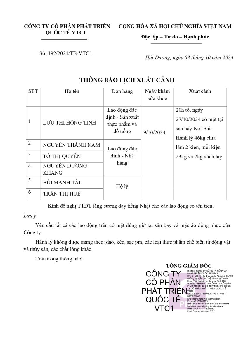 Thông báo lịch xuất cảnh số ngày 3 tháng 10 năm 2024